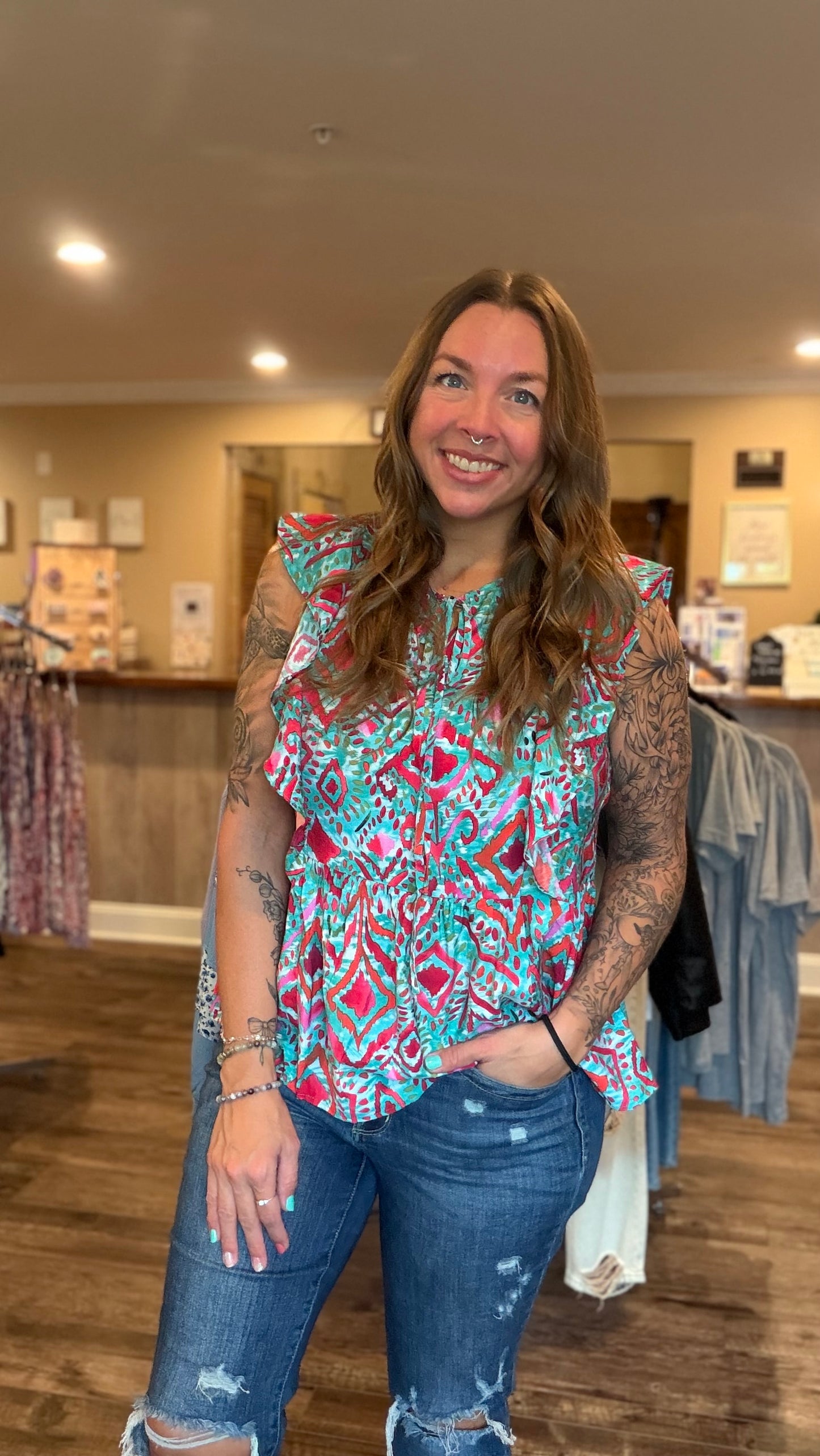 Blue & Fuchsia Print Blouse