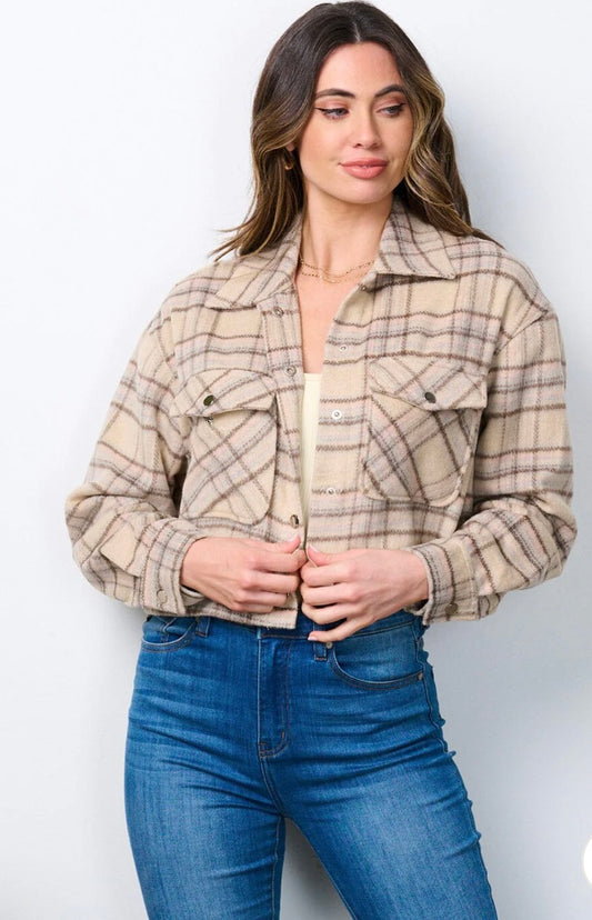 Beige Plaid Cropped Shacket *ALL SALES FINAL*