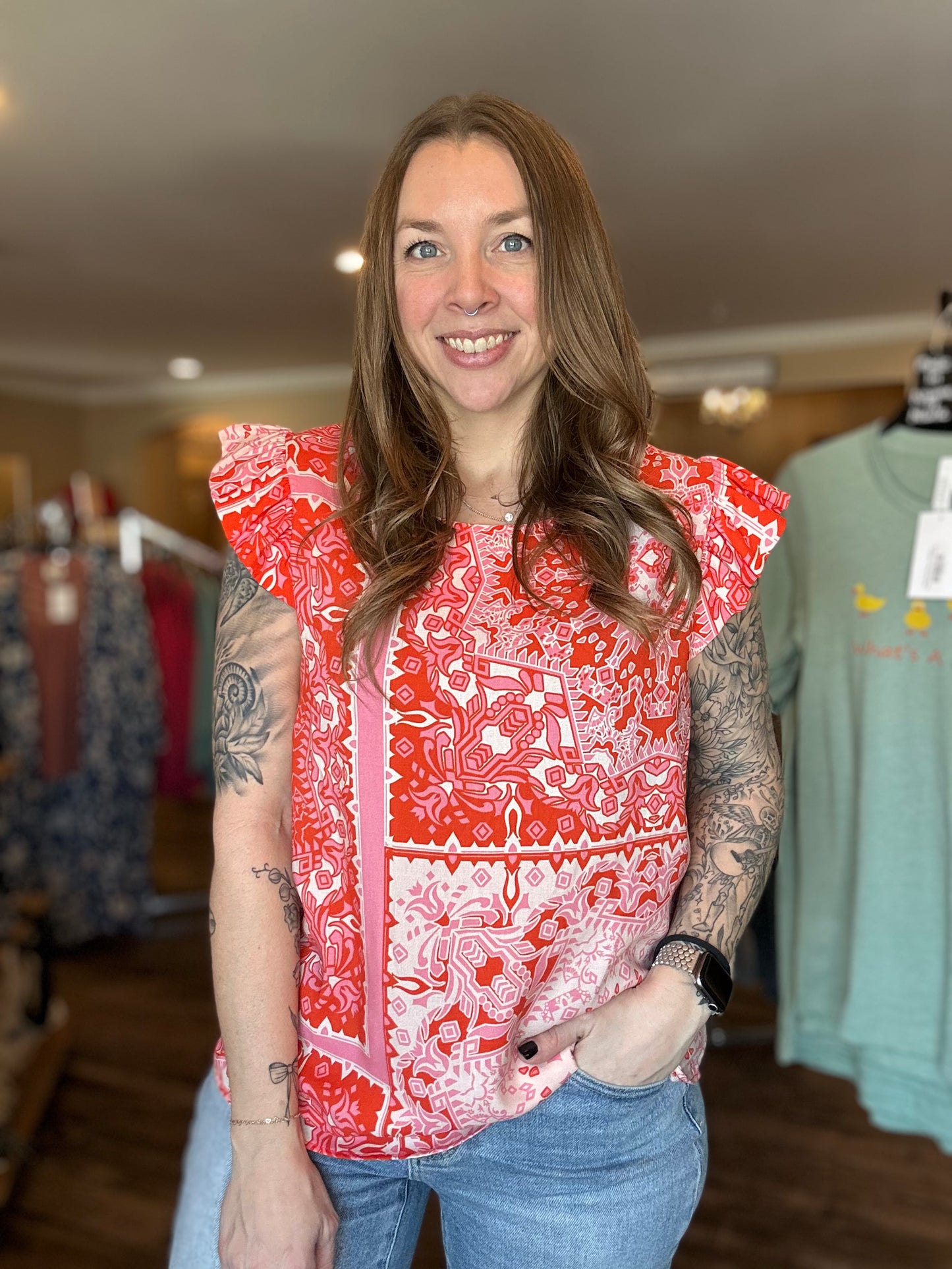 Floral Patchwork Ruffle Sleeve Blouse