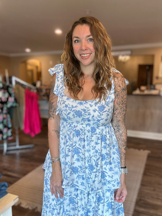 Blue Floral Tiered Midi Dress