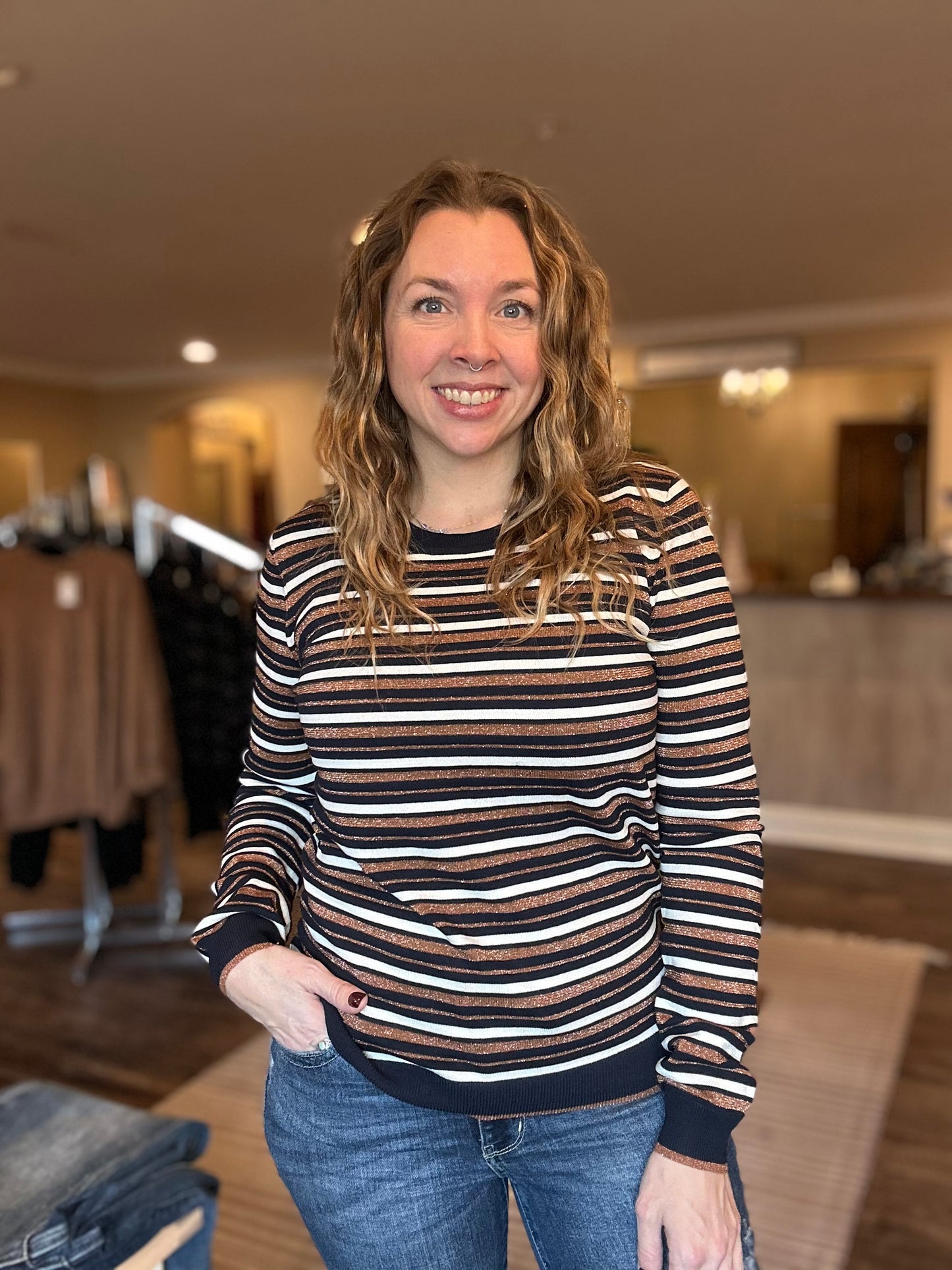 Navy & Rust Glitter Striped Sweater *ALL SALES FINAL*