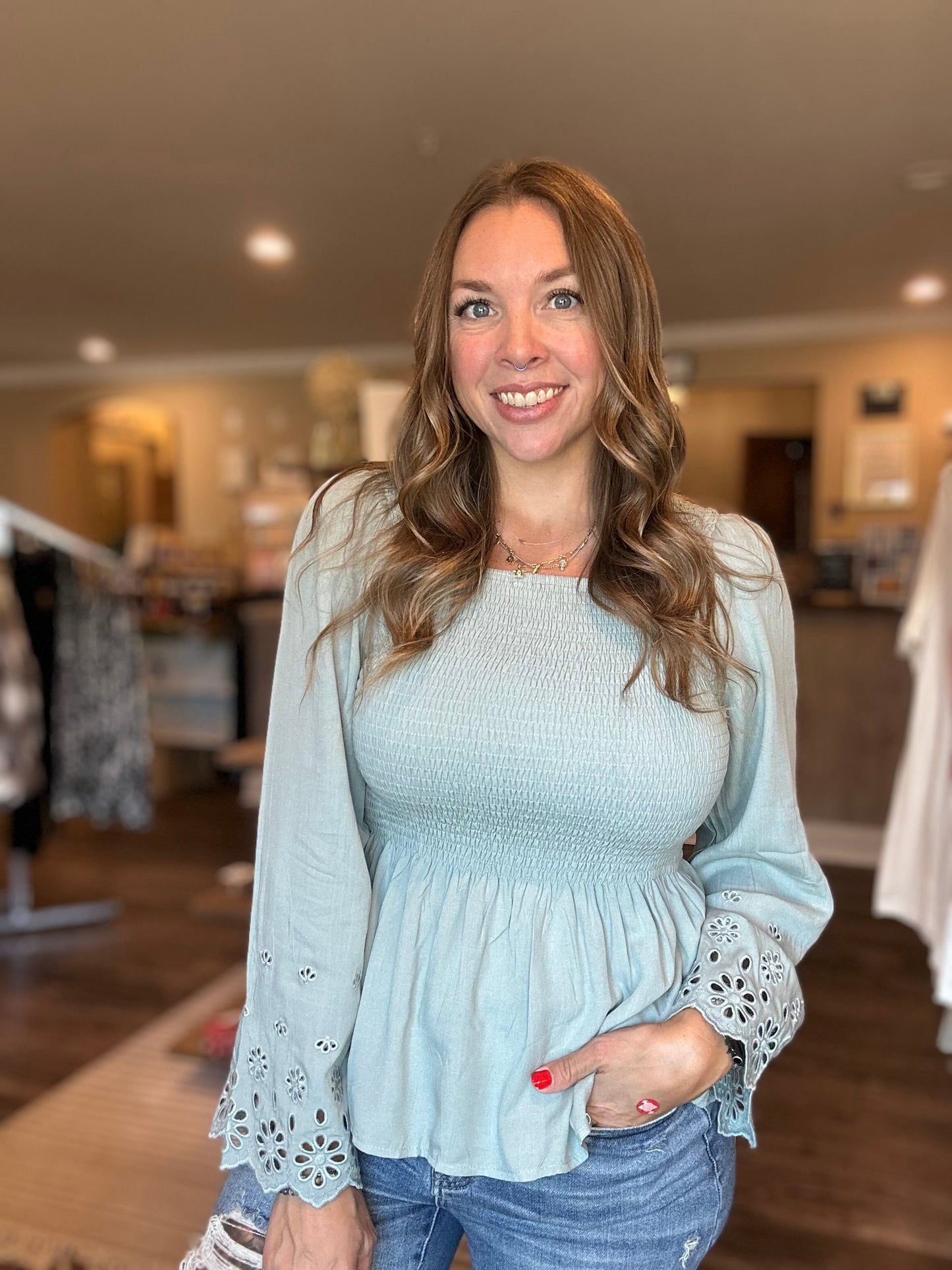 Sage Eyelet Sleeve Peplum Top