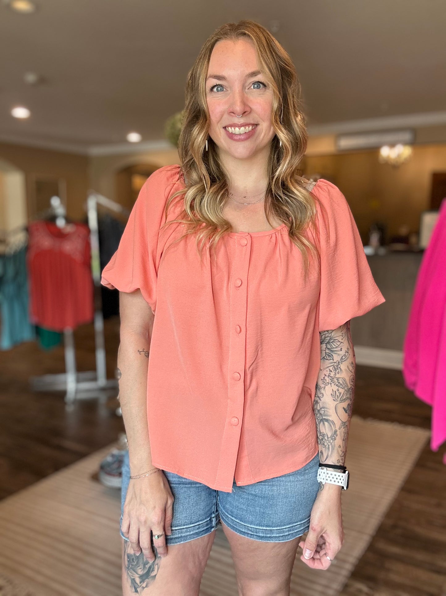 Peach Puff Sleeve Button Top *ALL SALES FINAL*