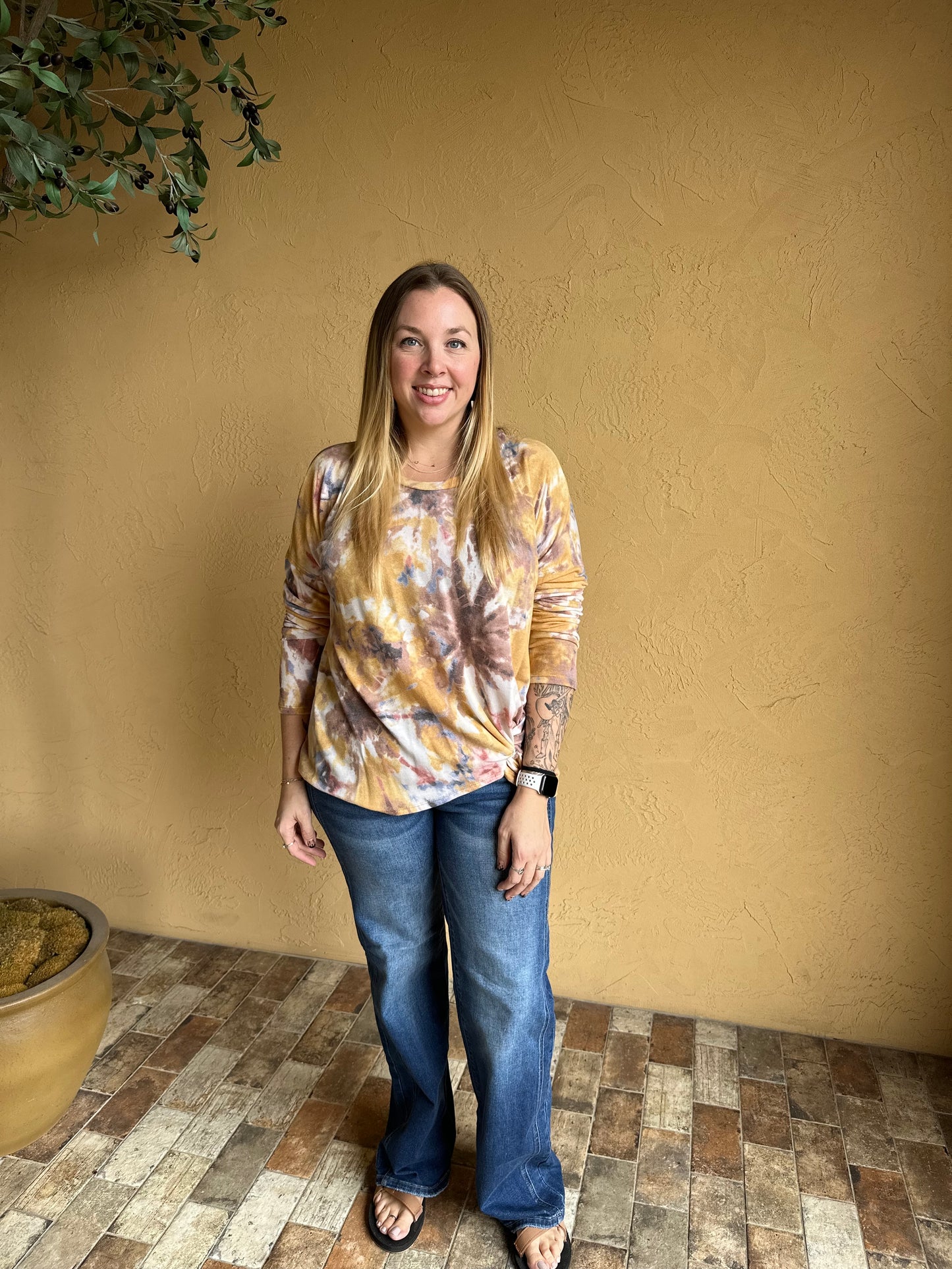 Mustard Tie Dye Twist Hem Top