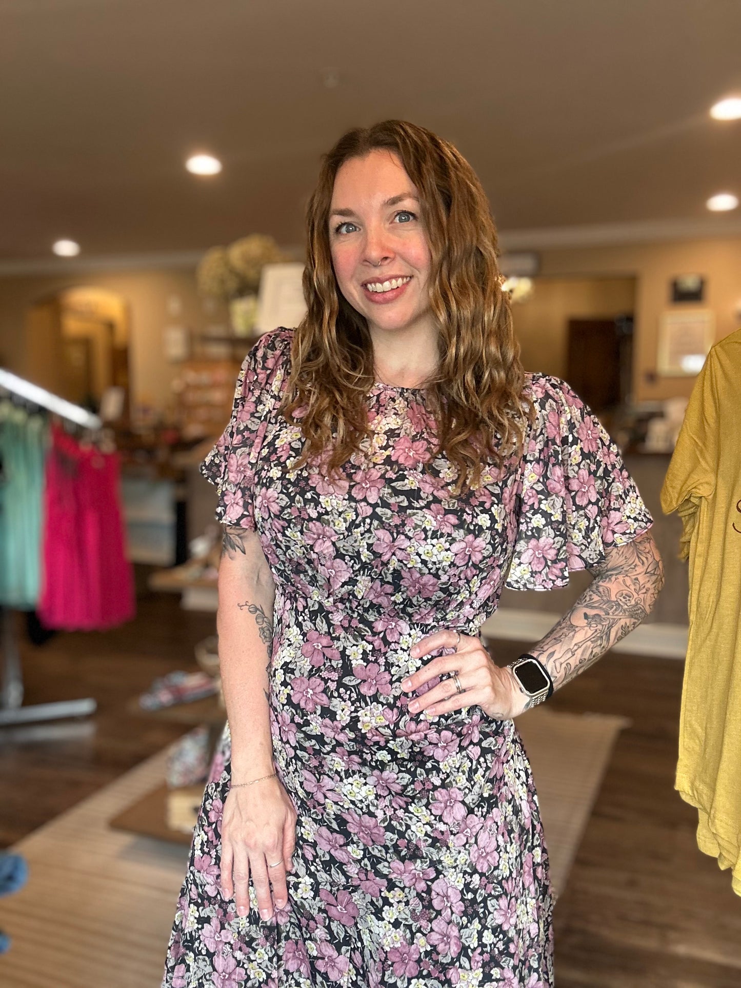 Black Floral Flutter Sleeve Dress