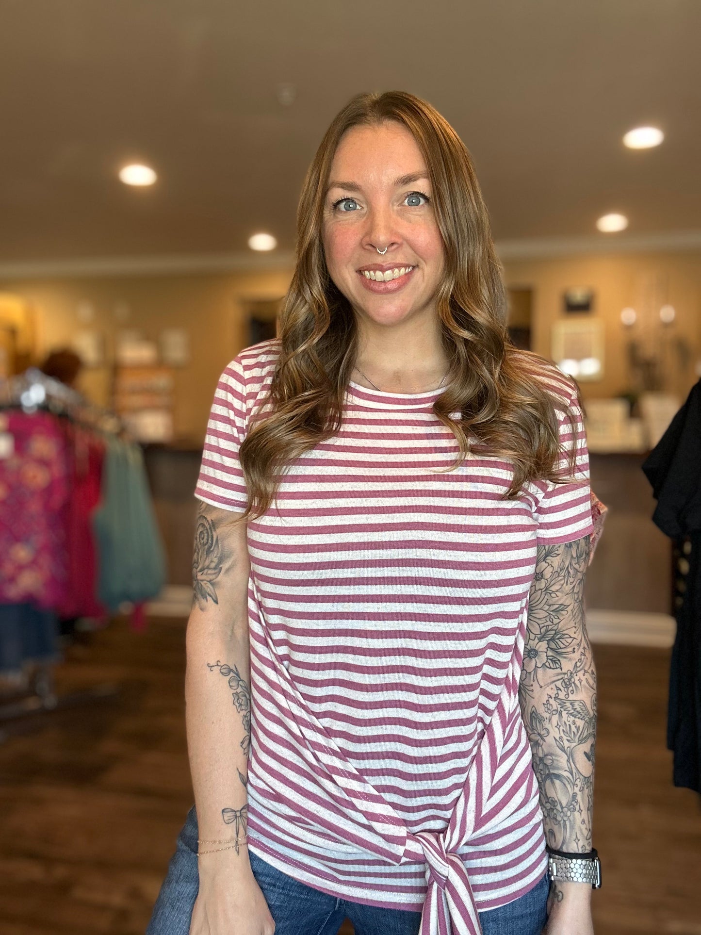 Mauve Striped Tie Front Top