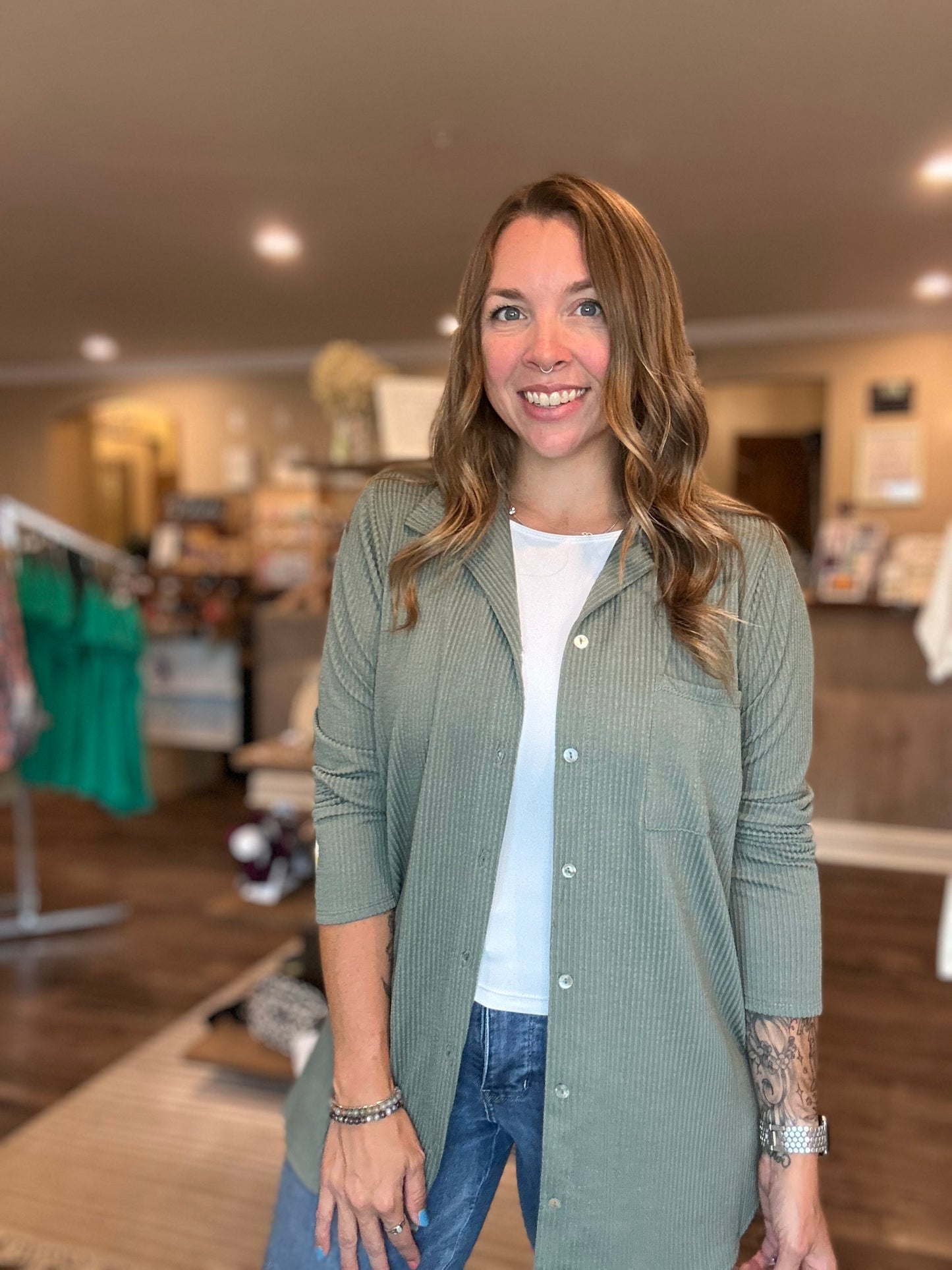 Sage Ribbed Button Up