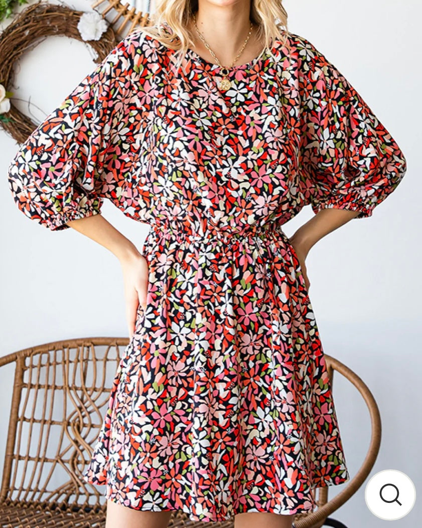 Curvy Black & Coral Floral Dress