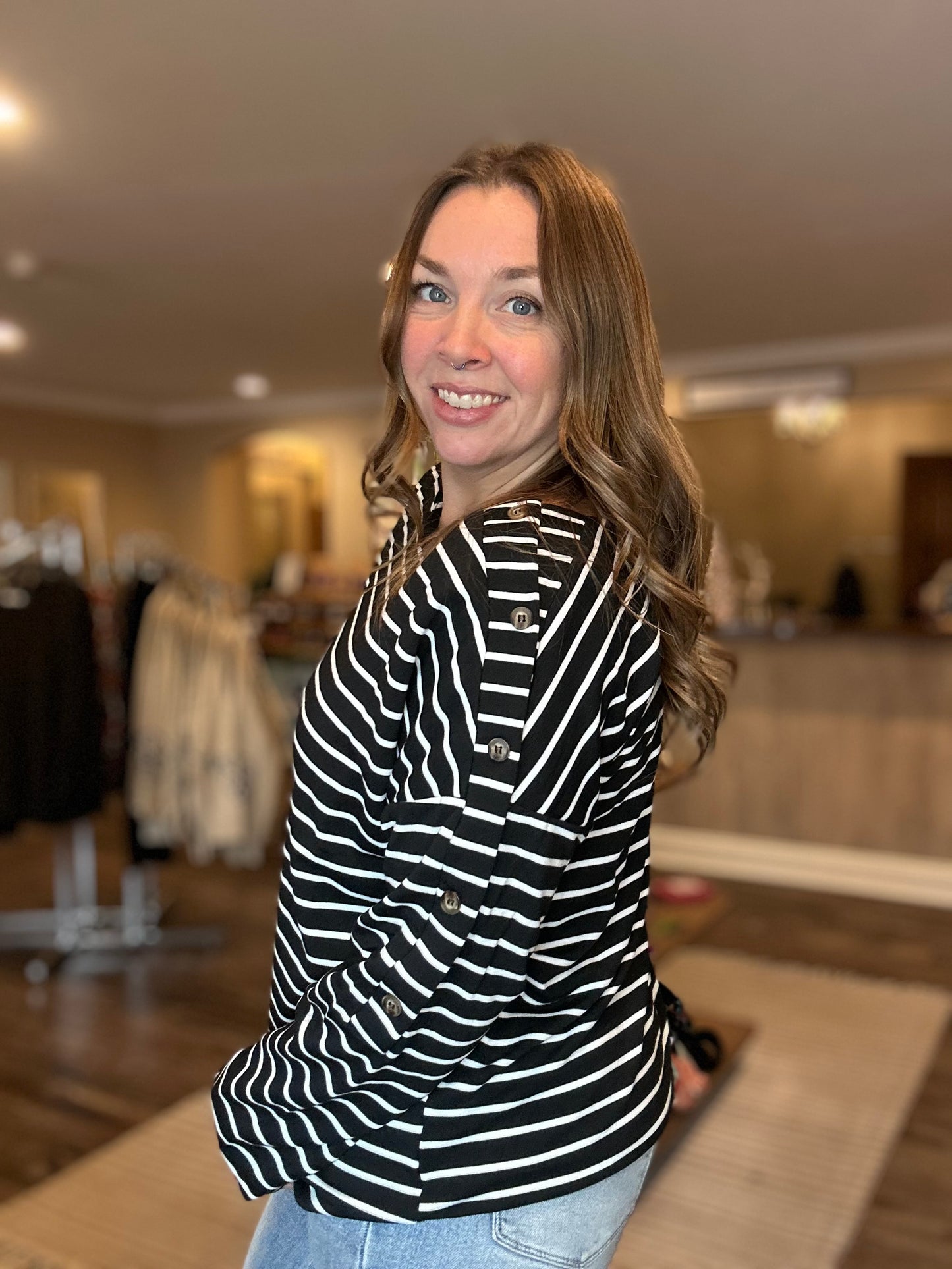 Black Stripe Button Top