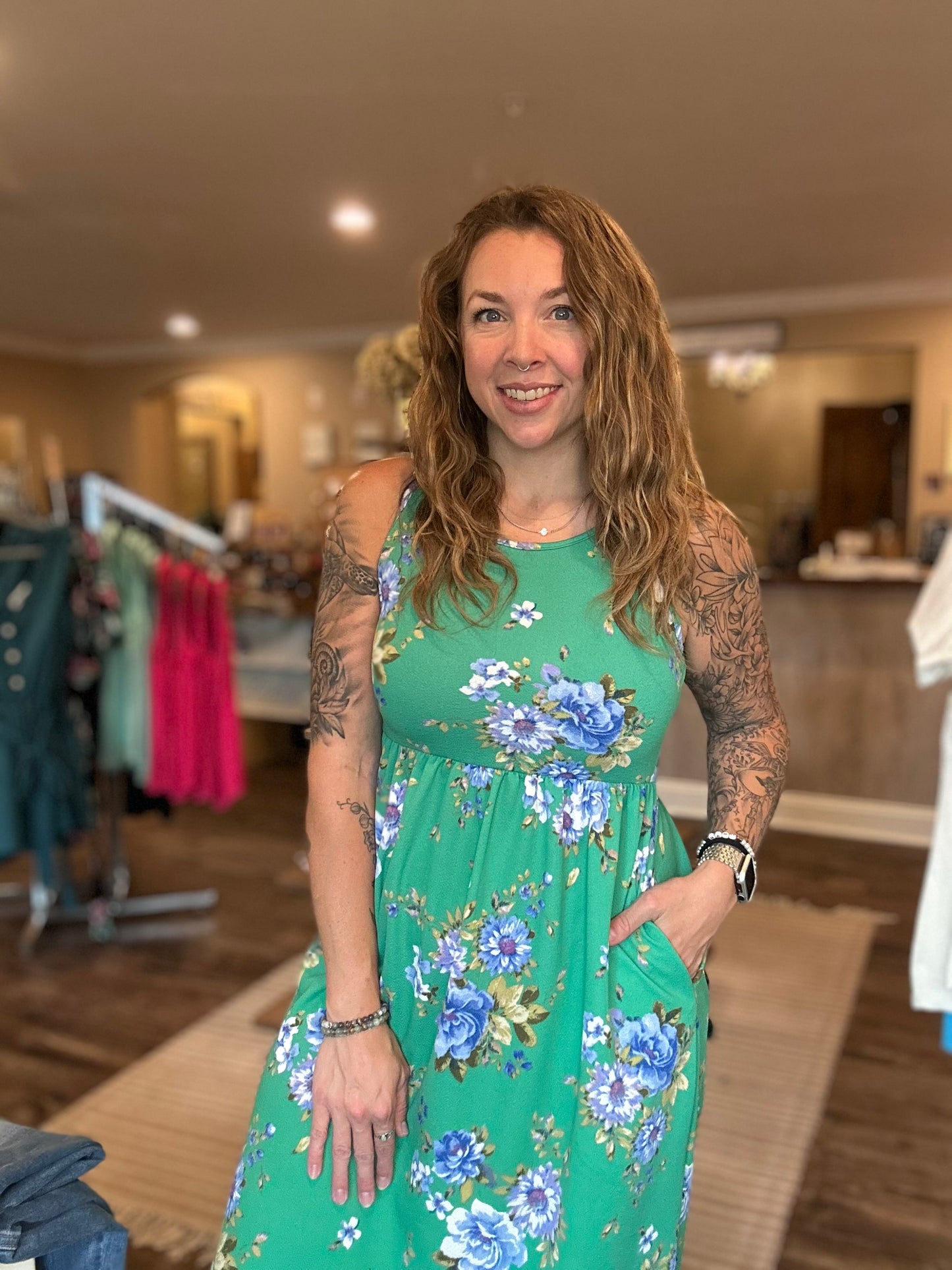 Green Floral Pocketed Dress