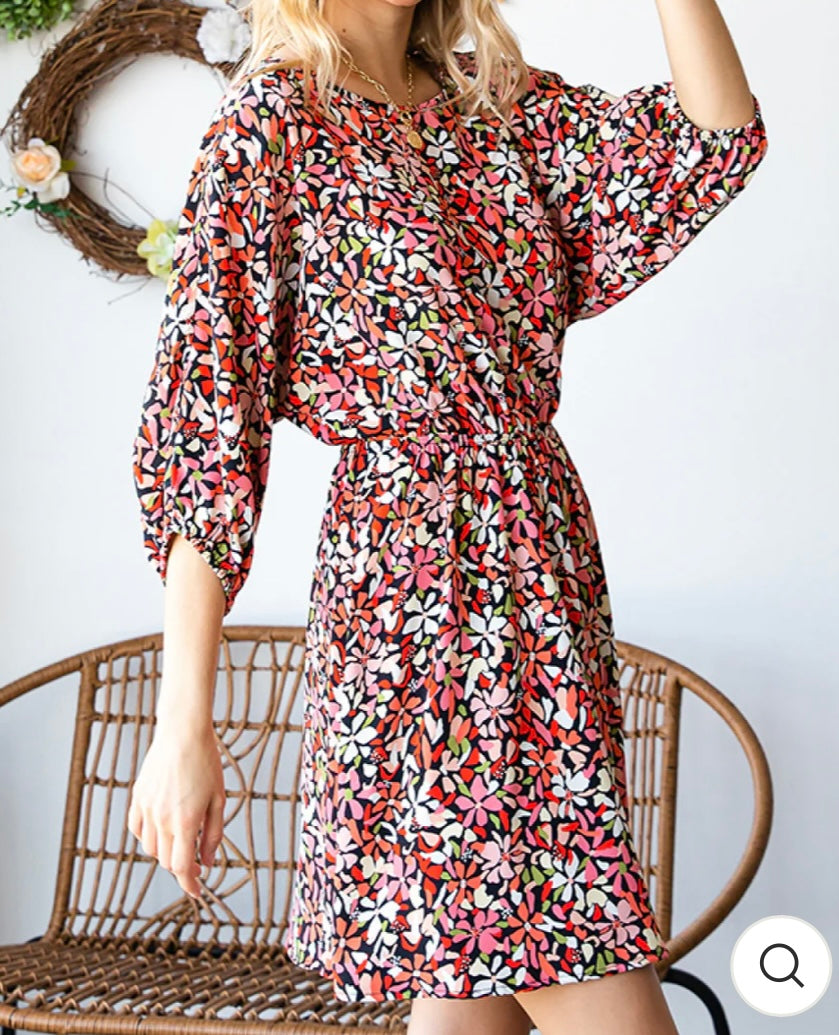 Curvy Black & Coral Floral Dress