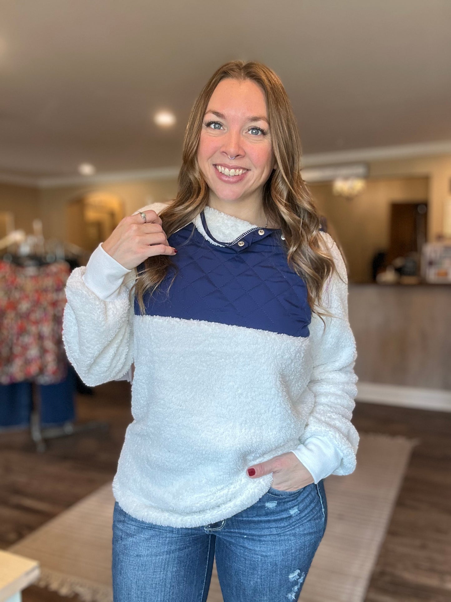 Ivory + Navy Quilted Sherpa