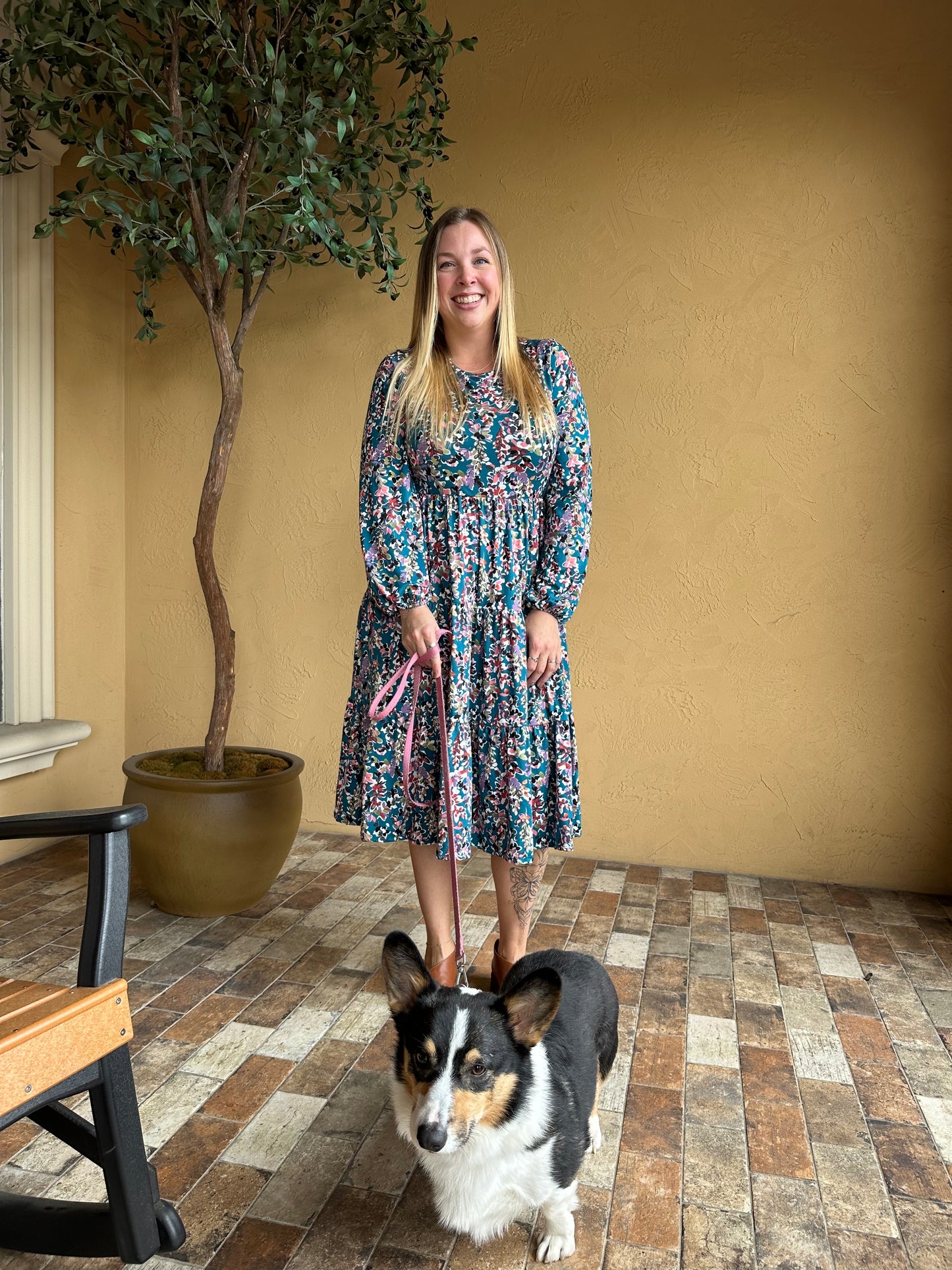 Teal Painterly Floral Tiered Midi Dress