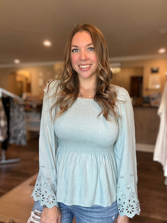 Sage Eyelet Sleeve Peplum Top