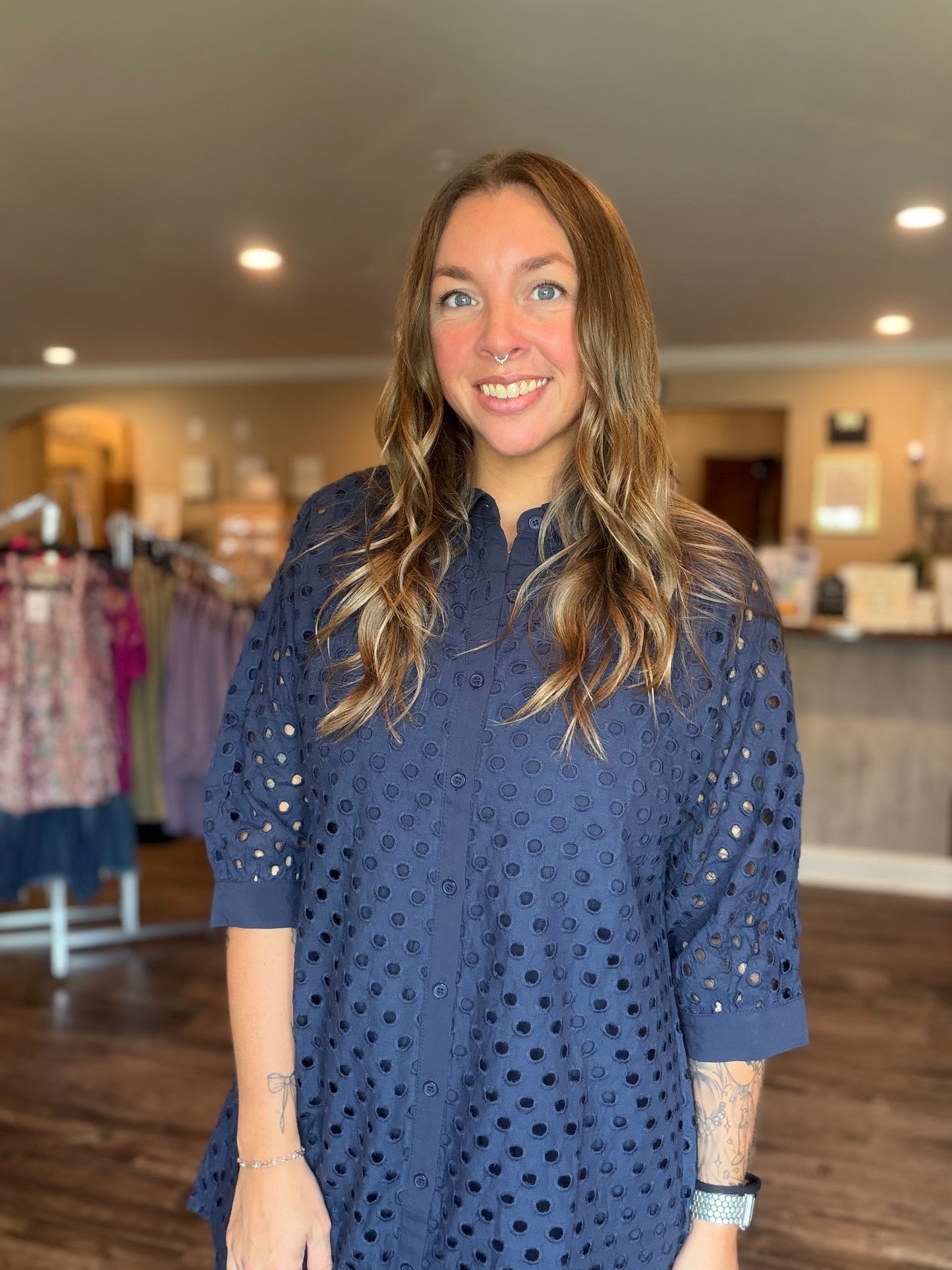 Navy Eyelet Lined Dress