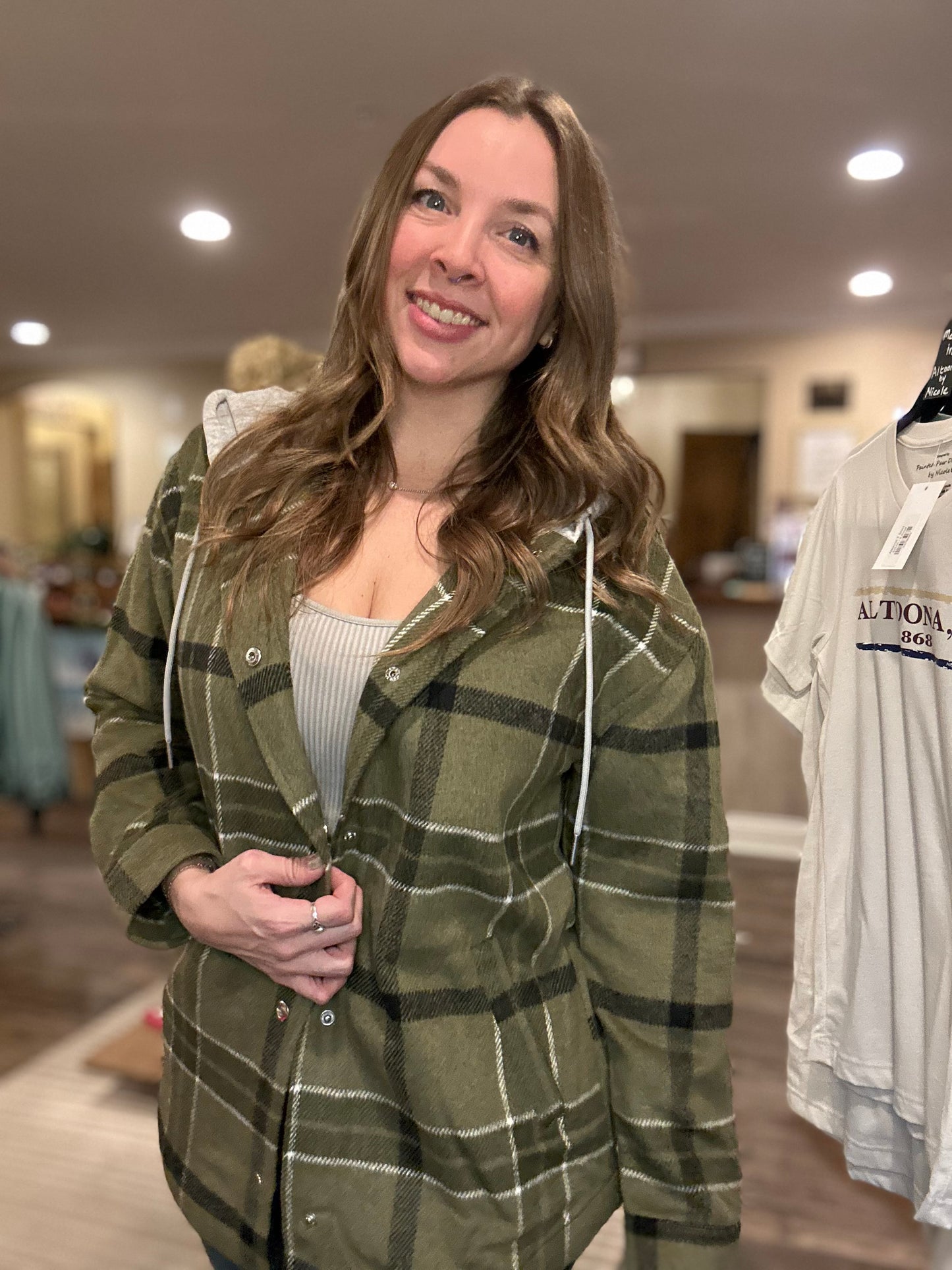 Olive Plaid Hooded Button Up