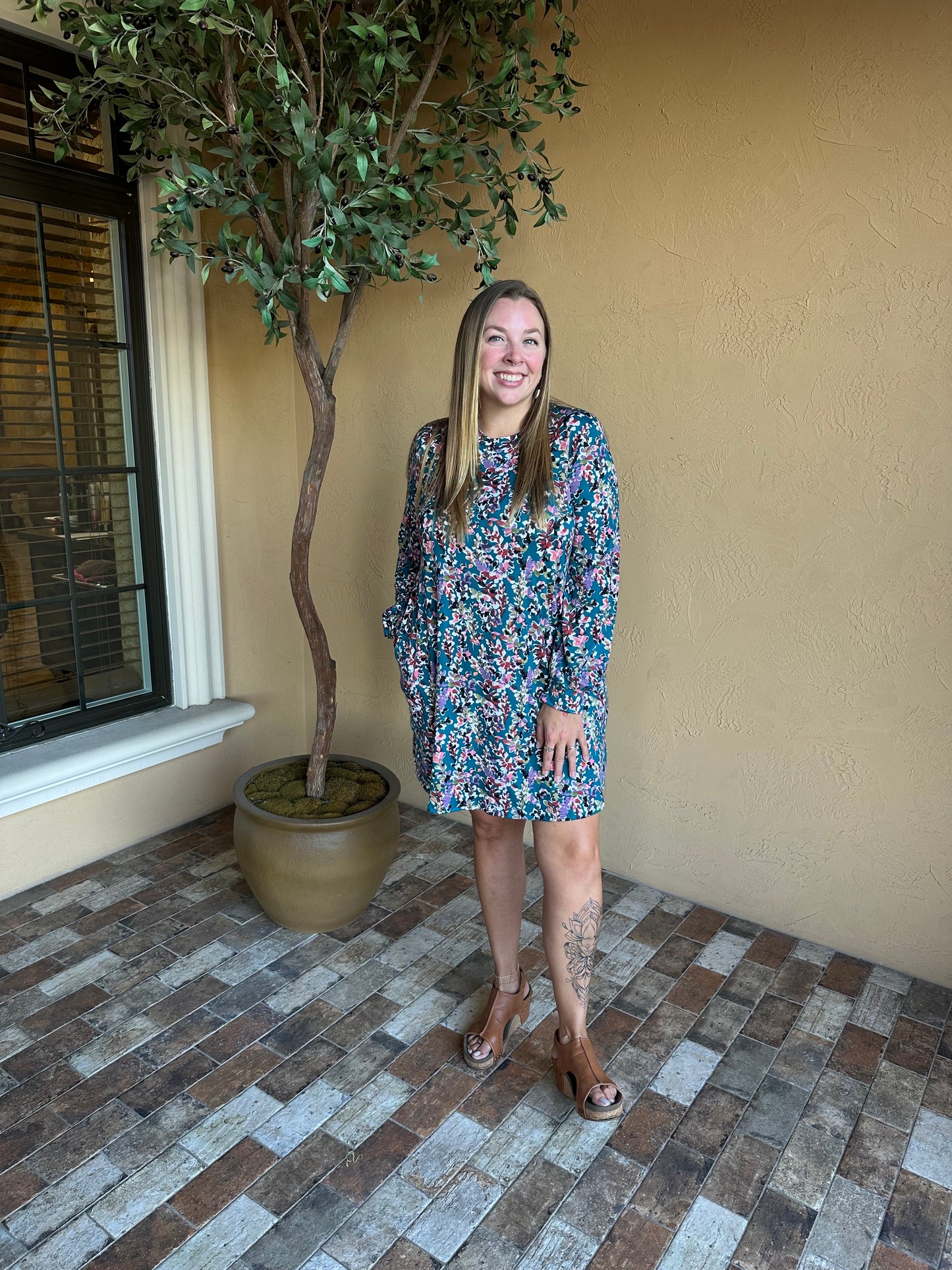 Teal Floral Puff Sleeve Dress