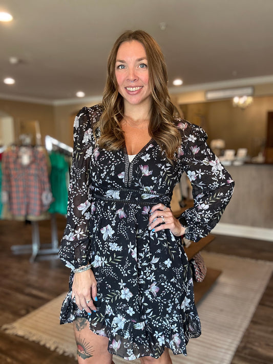 Black Floral Crochet Detail Dress