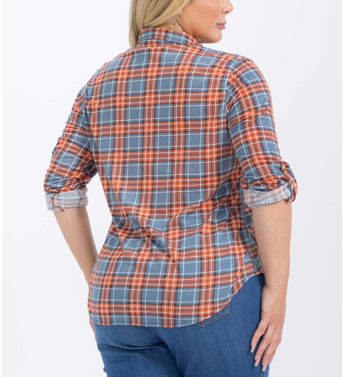 Curvy 3/4 Orange & Blue Plaid Top
