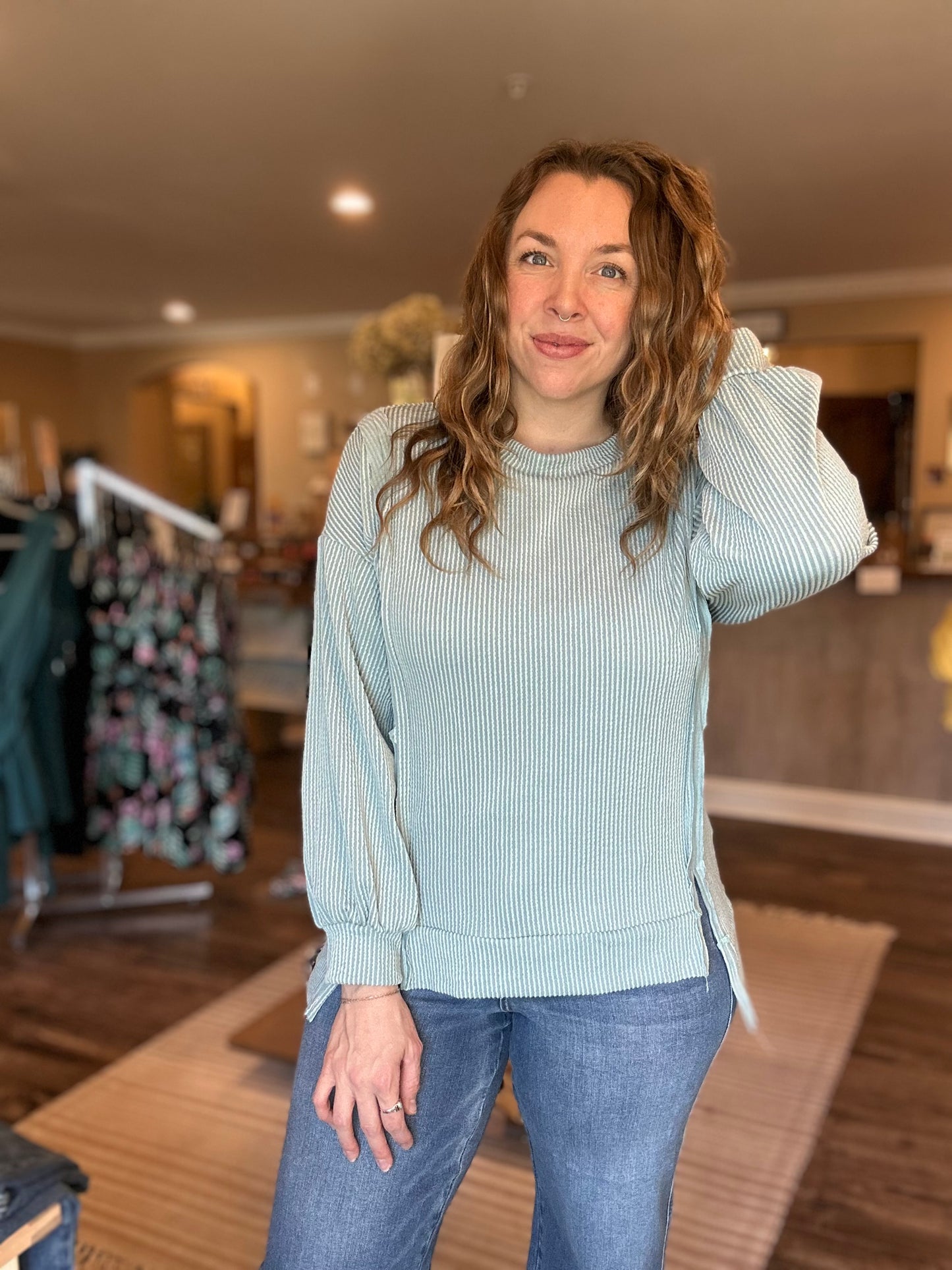 Sage Ribbed Open Hem Top