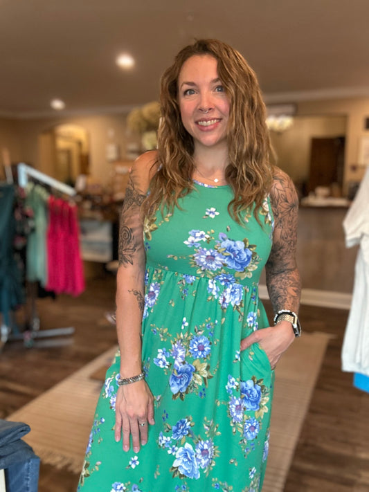 Green Floral Pocketed Dress