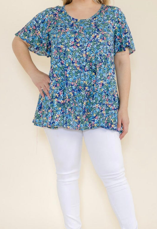 Curvy Blue Ditsy Floral Blouse