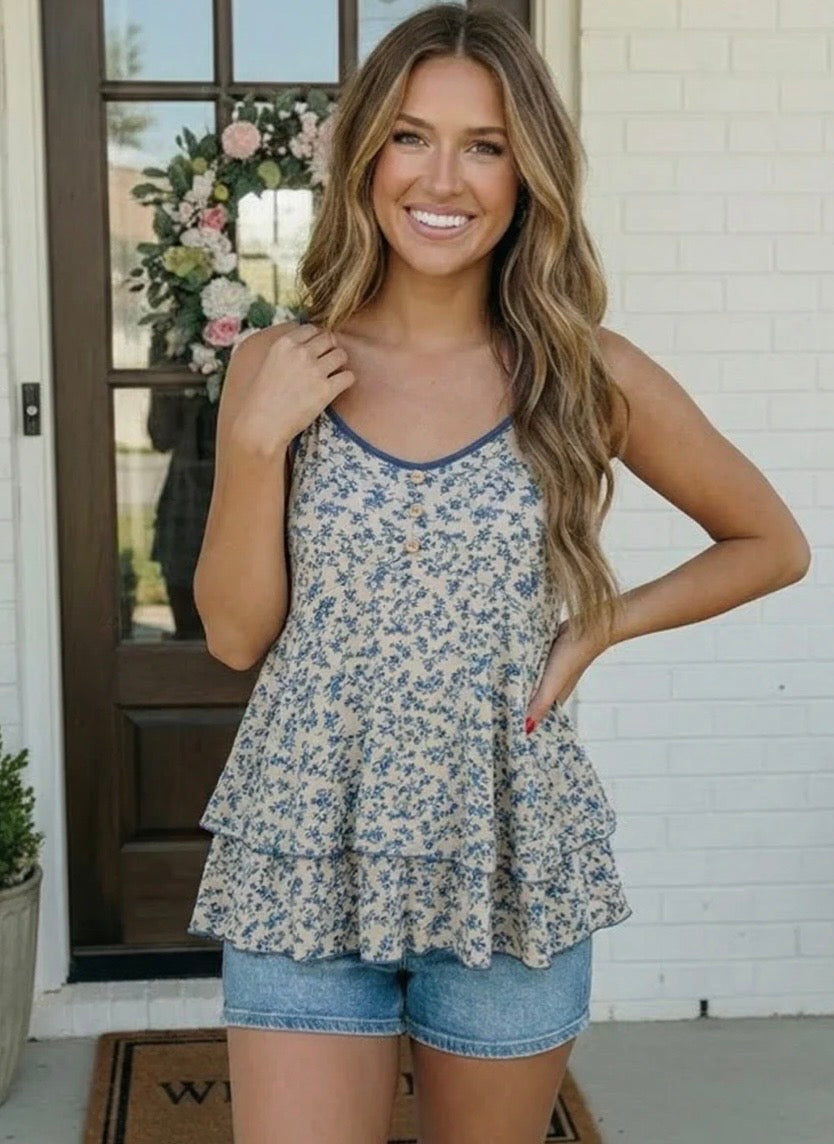 Navy Floral Ruffle Tank