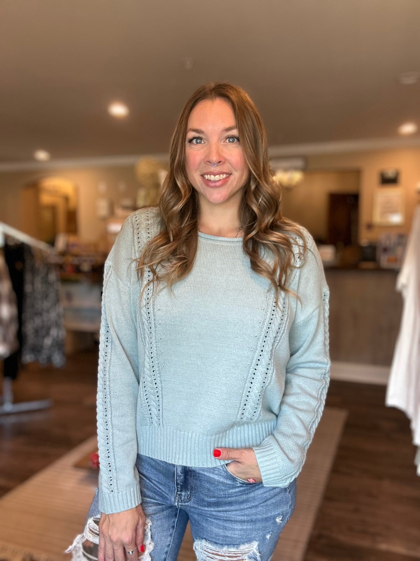 Stone Blue Eyelet Sweater