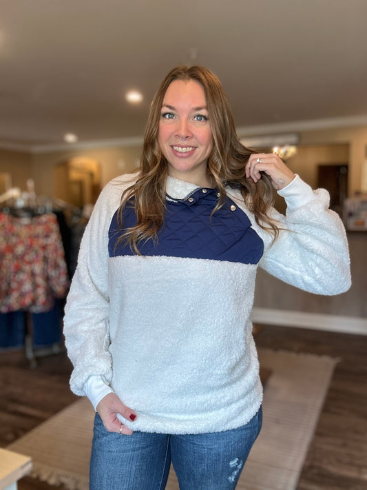 Ivory + Navy Quilted Sherpa