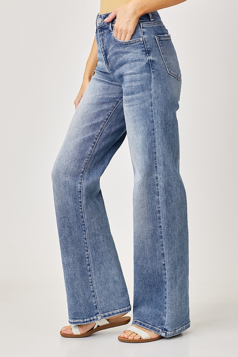Risen Mid Rise Wide Leg Jeans