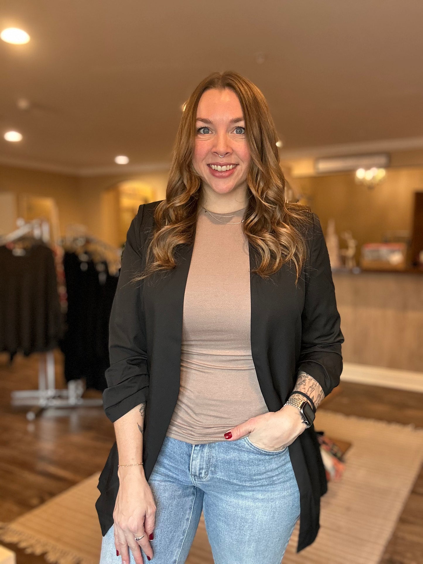 Black Longline 3/4 Sleeve Blazer