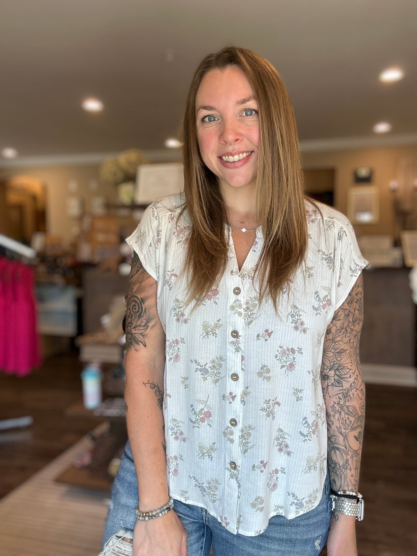 White Dainty Floral Button Top