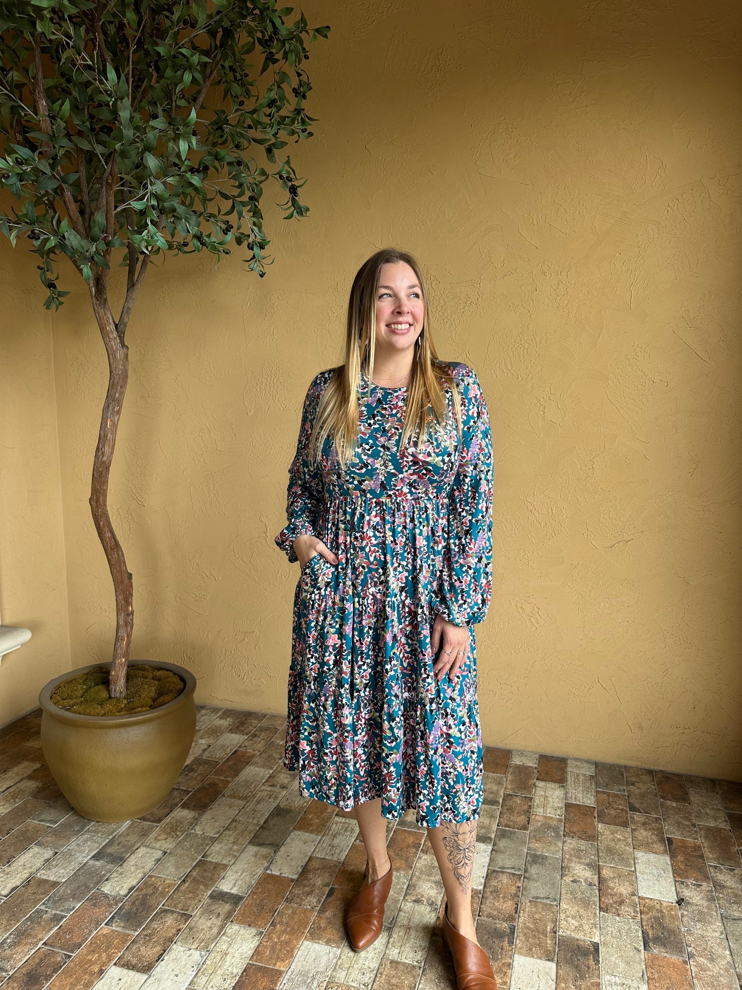 Teal Painterly Floral Tiered Midi Dress