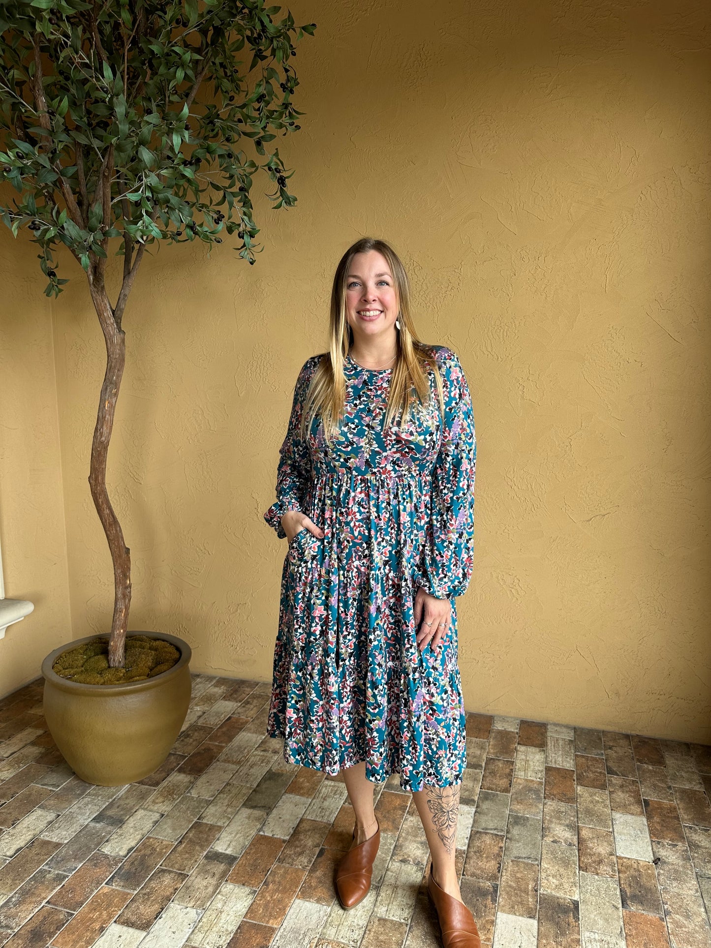 Teal Painterly Floral Tiered Midi Dress