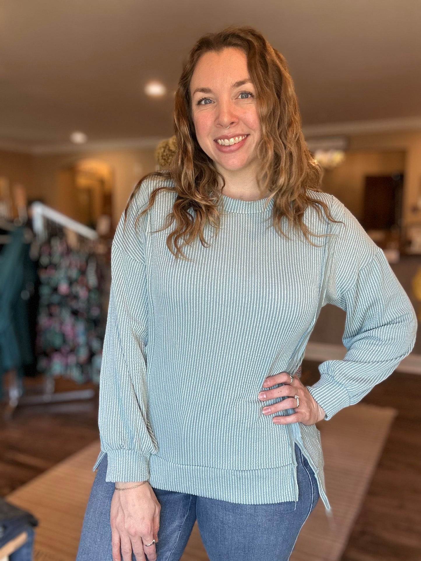 Sage Ribbed Open Hem Top