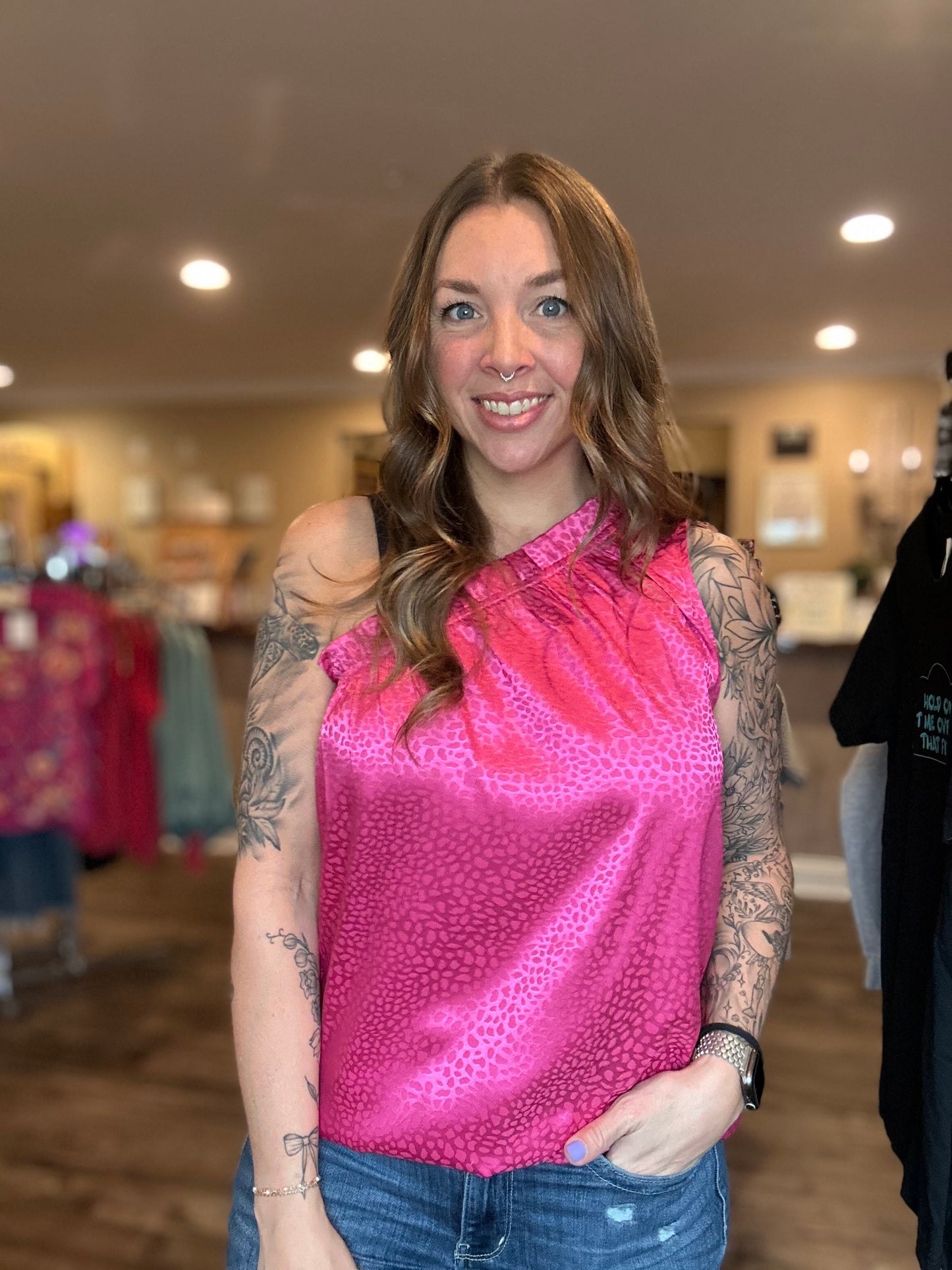Fuchsia Animal Print One Shoulder Top