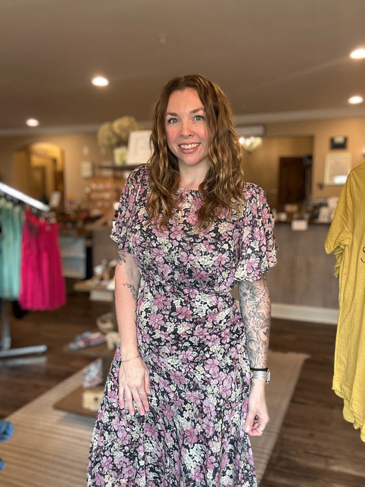 Black Floral Flutter Sleeve Dress
