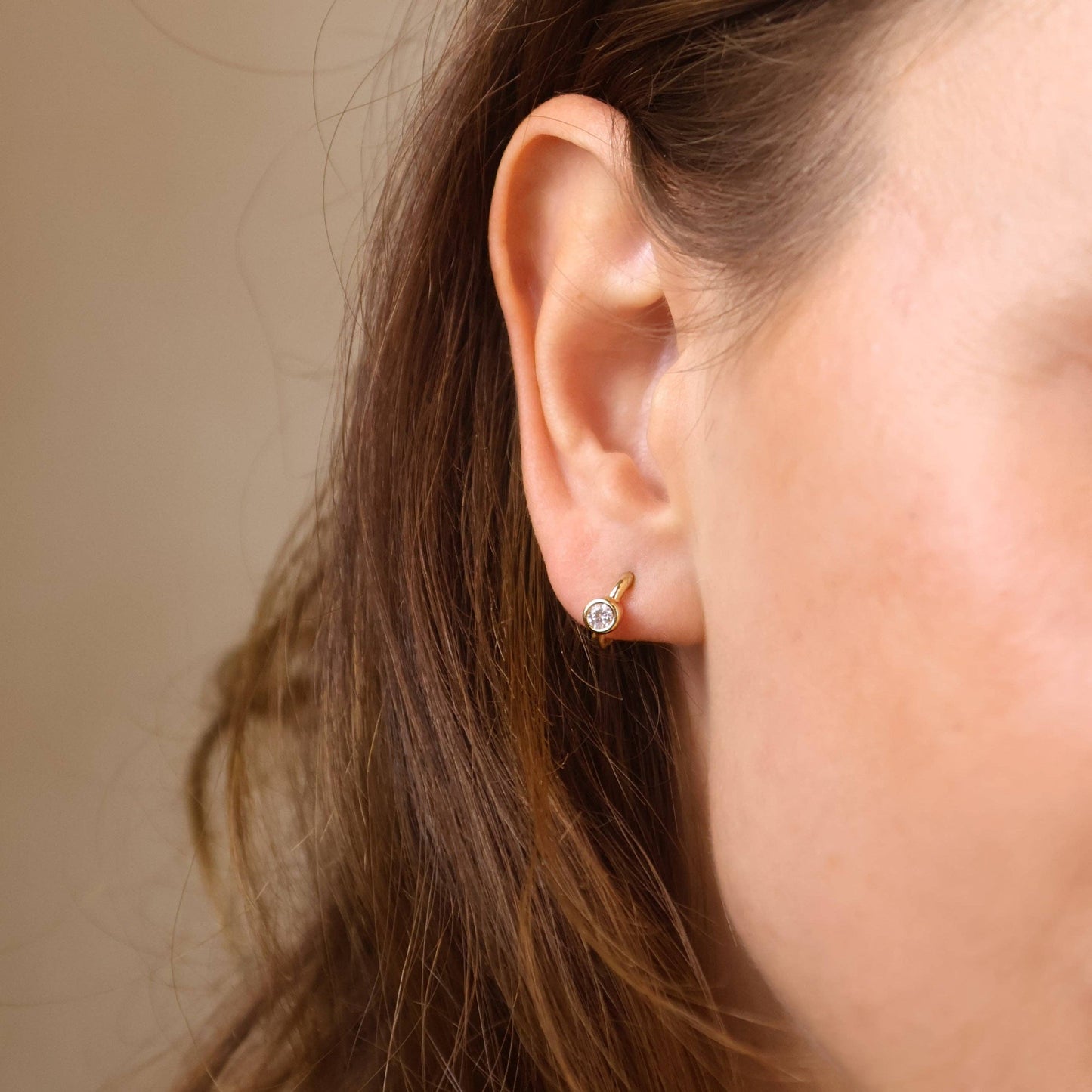18k Gold Filled Solitaire Bezel CZ C-Hoop Earrings