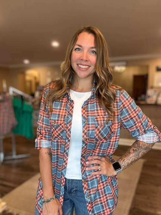 Curvy 3/4 Orange & Blue Plaid Top