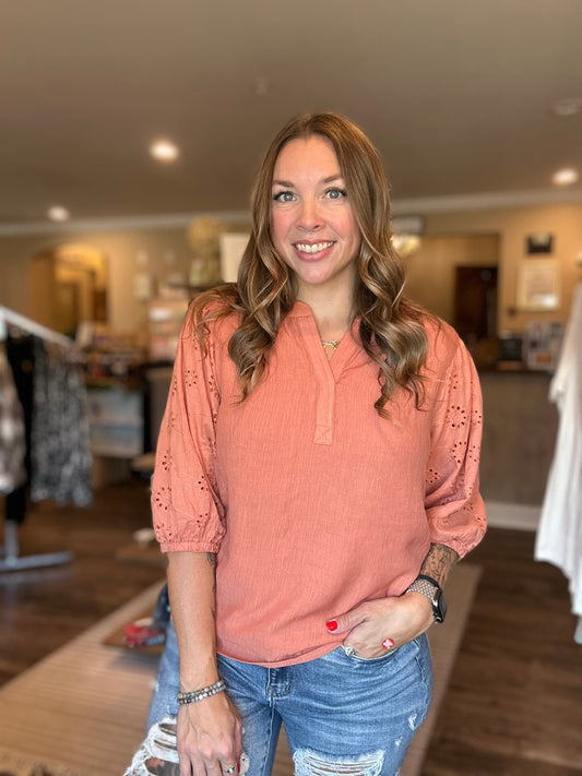 Rust Eyelet Sleeve Blouse