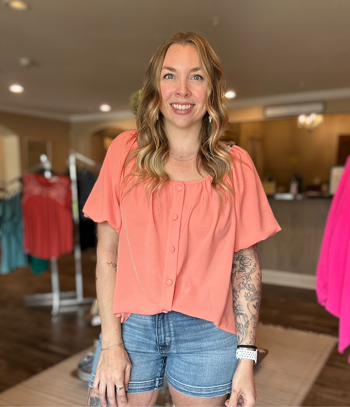 Peach Puff Sleeve Button Top *ALL SALES FINAL*