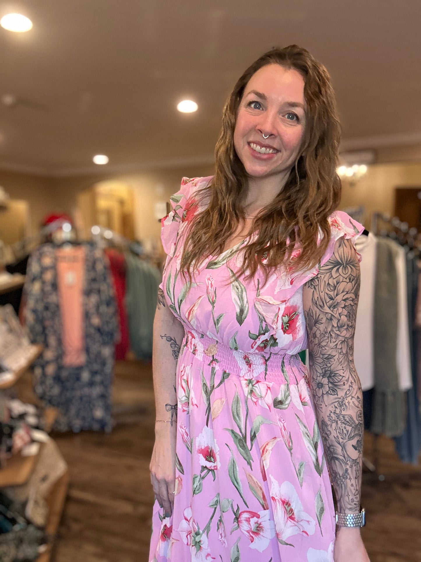 Pink Floral Pocketed Midi Dress