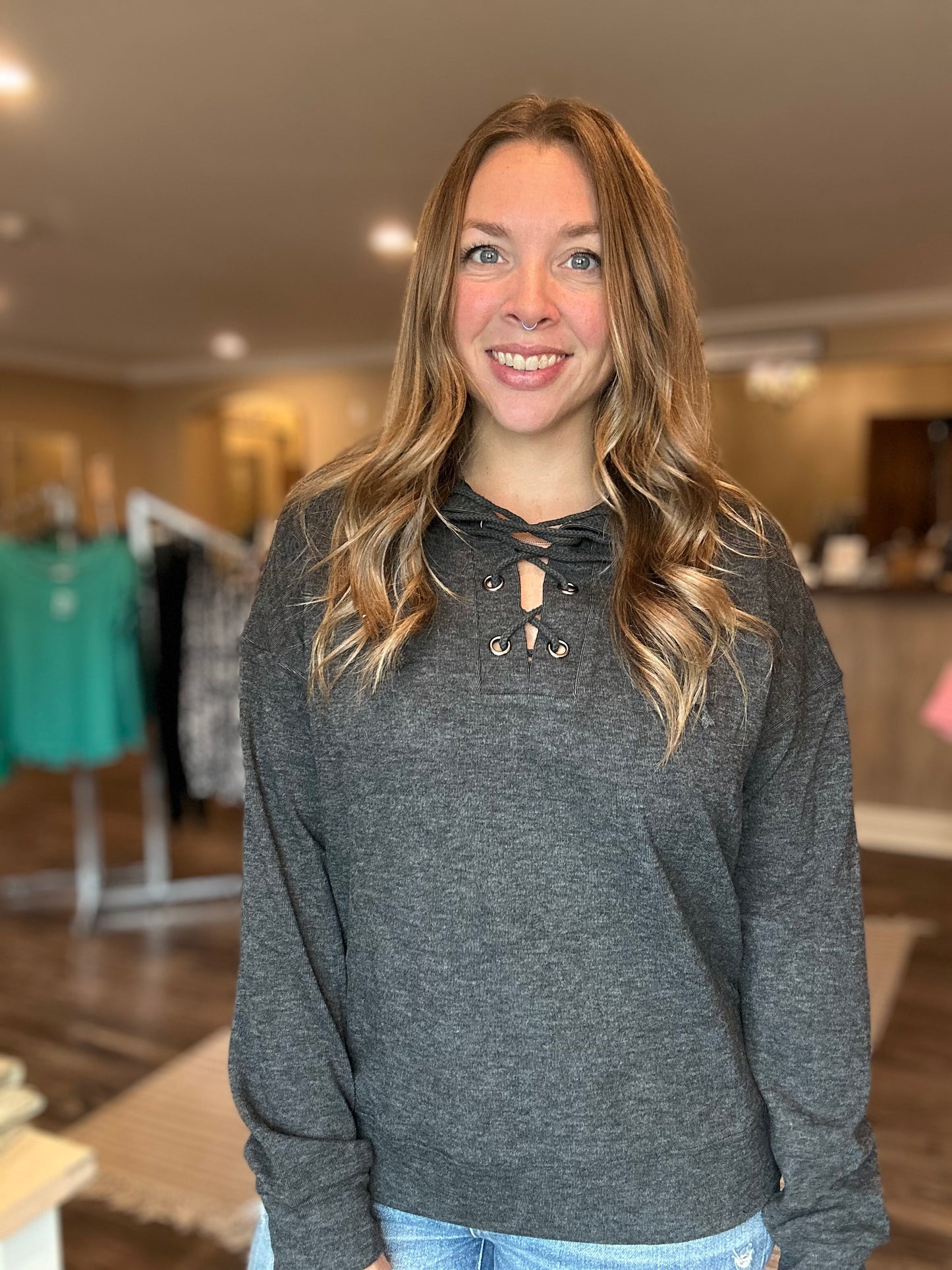 Charcoal Tie Front Top