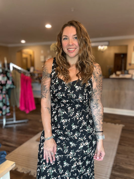 Black Floral Button Down Midi Dress