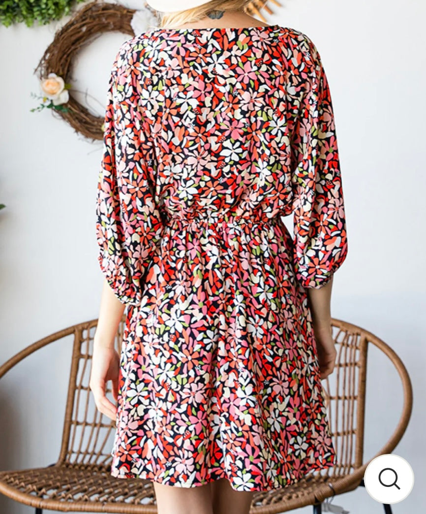 Curvy Black & Coral Floral Dress