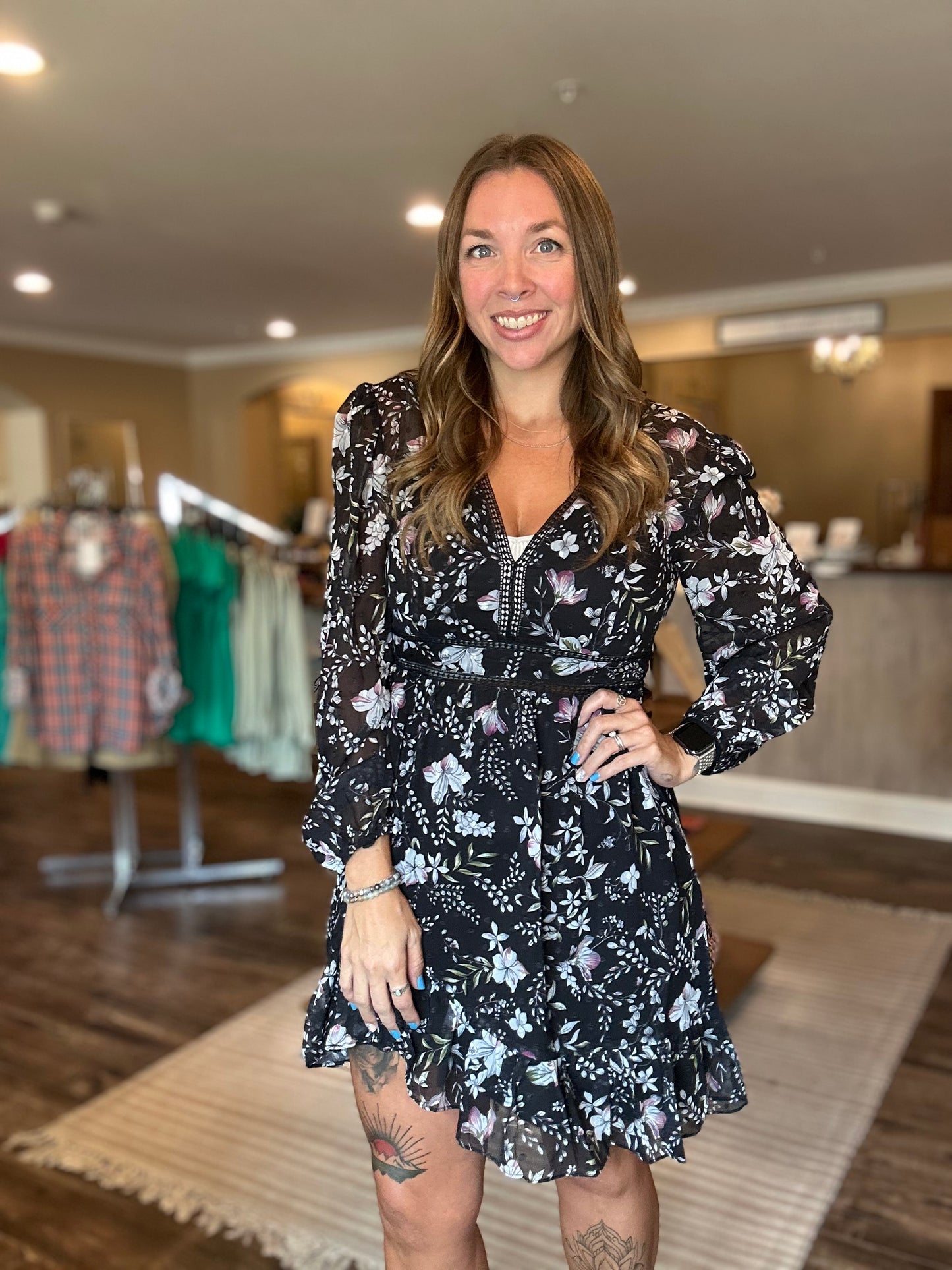 Black Floral Crochet Detail Dress