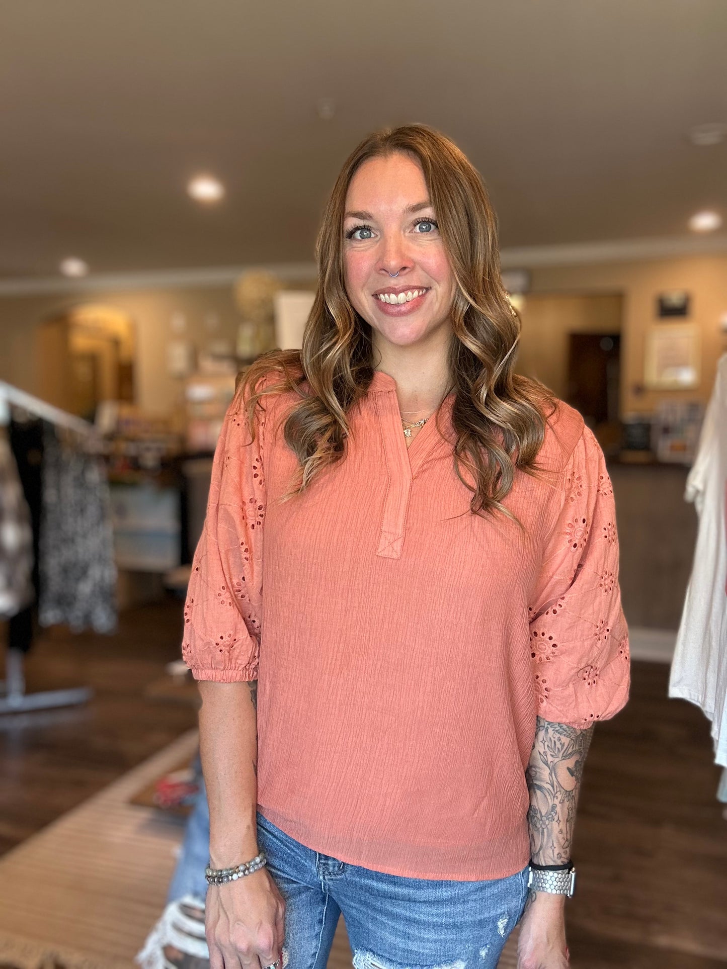 Rust Eyelet Sleeve Blouse