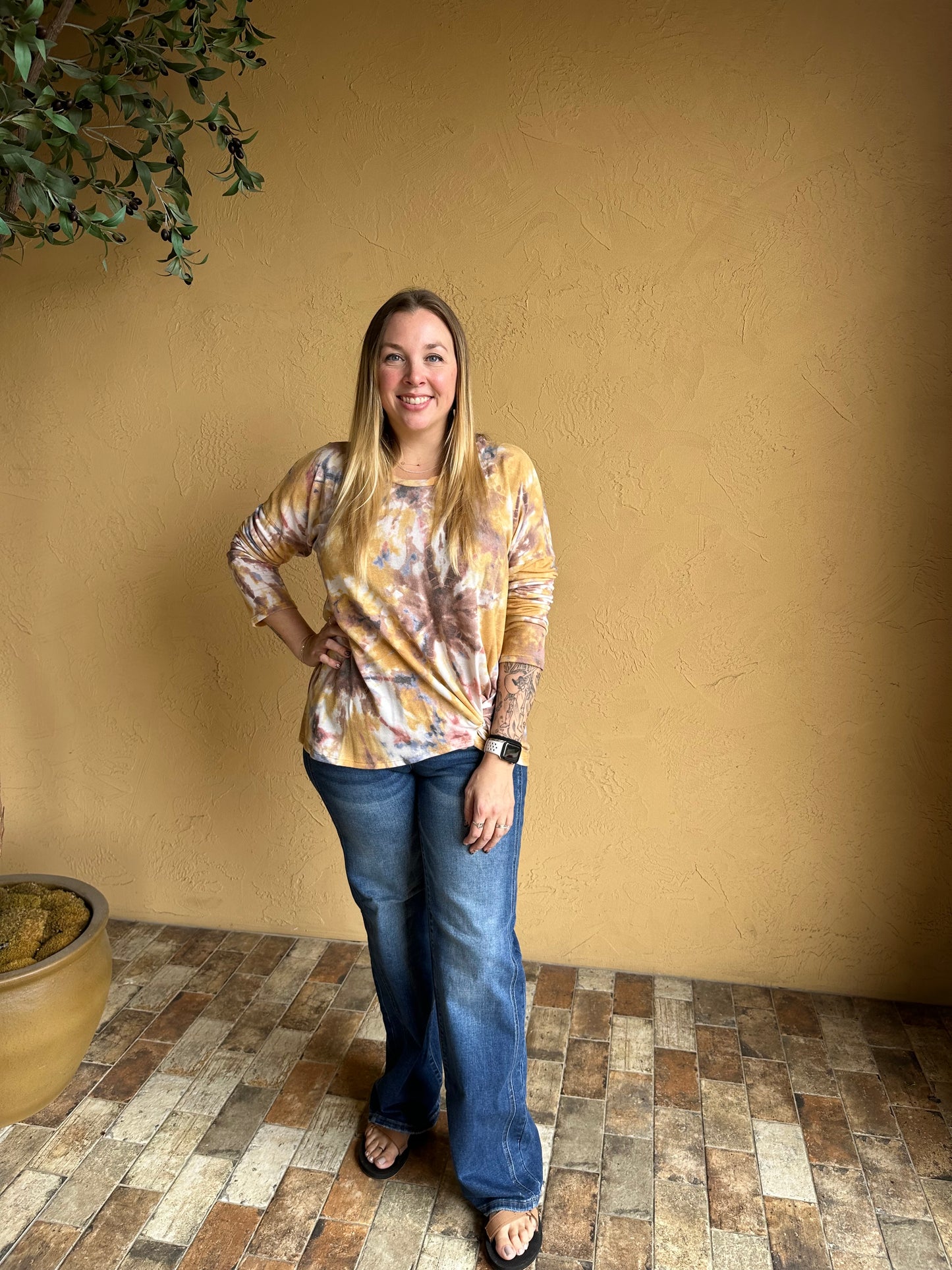 Mustard Tie Dye Twist Hem Top