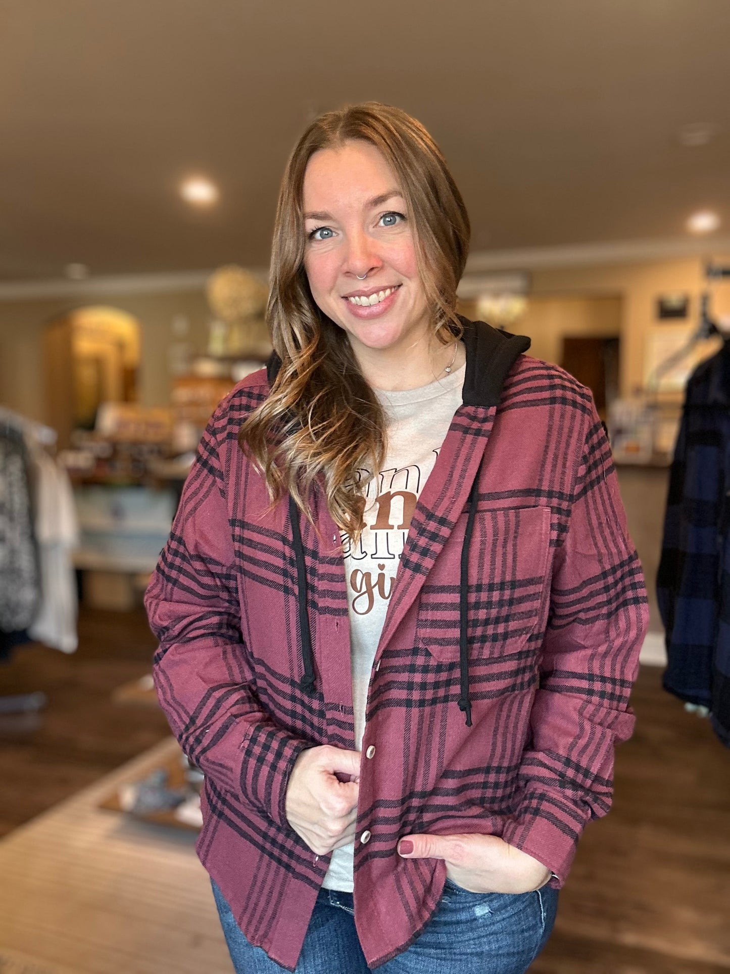 Burgundy Plaid Hooded Button-up