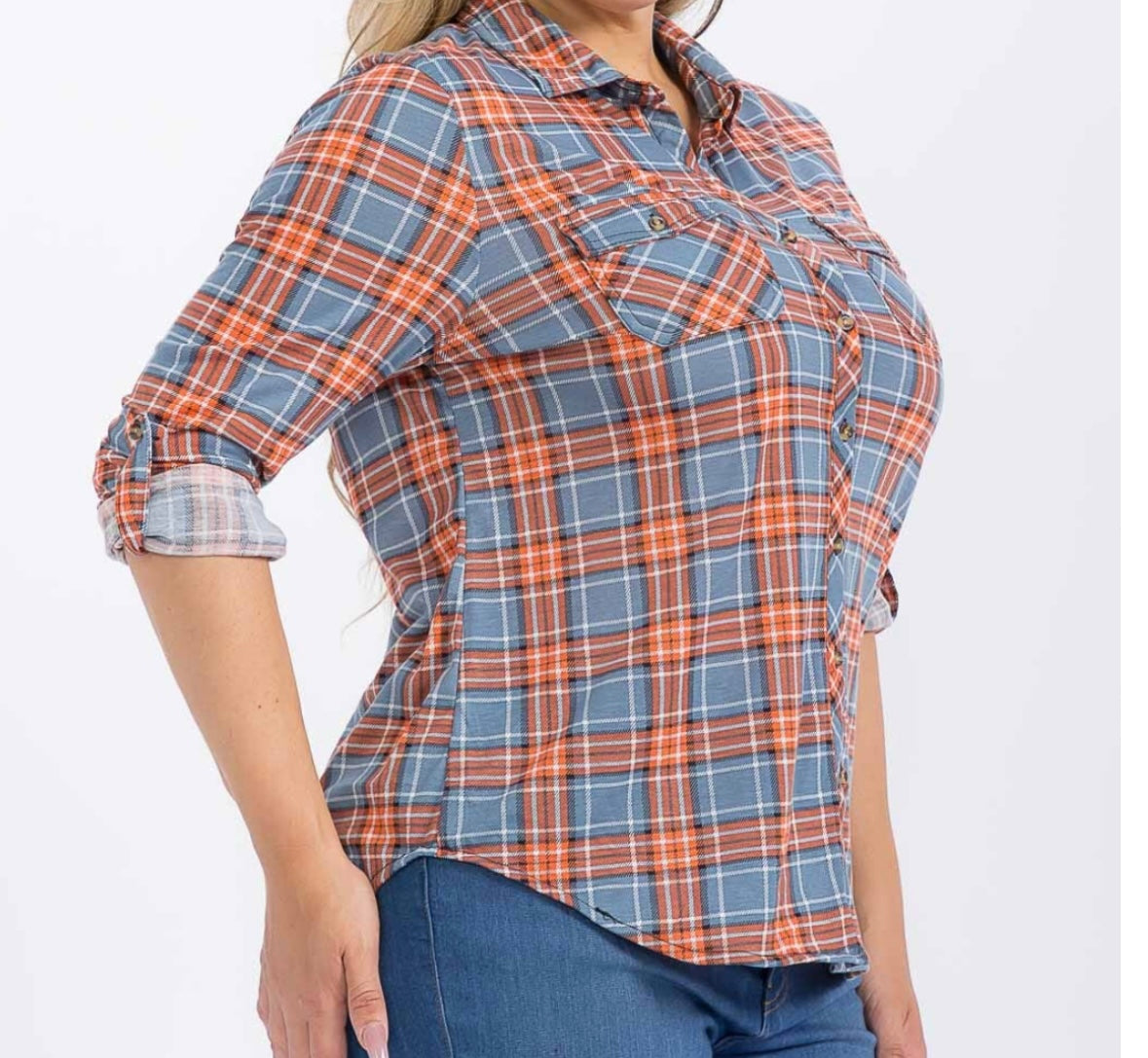 Curvy 3/4 Orange & Blue Plaid Top